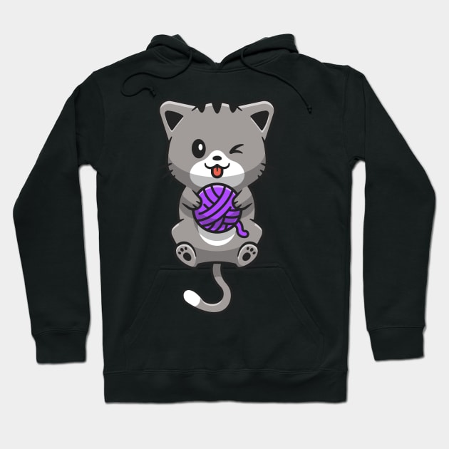 Cute Cat Playing Yarn Ball Cartoon Hoodie by Catalyst Labs